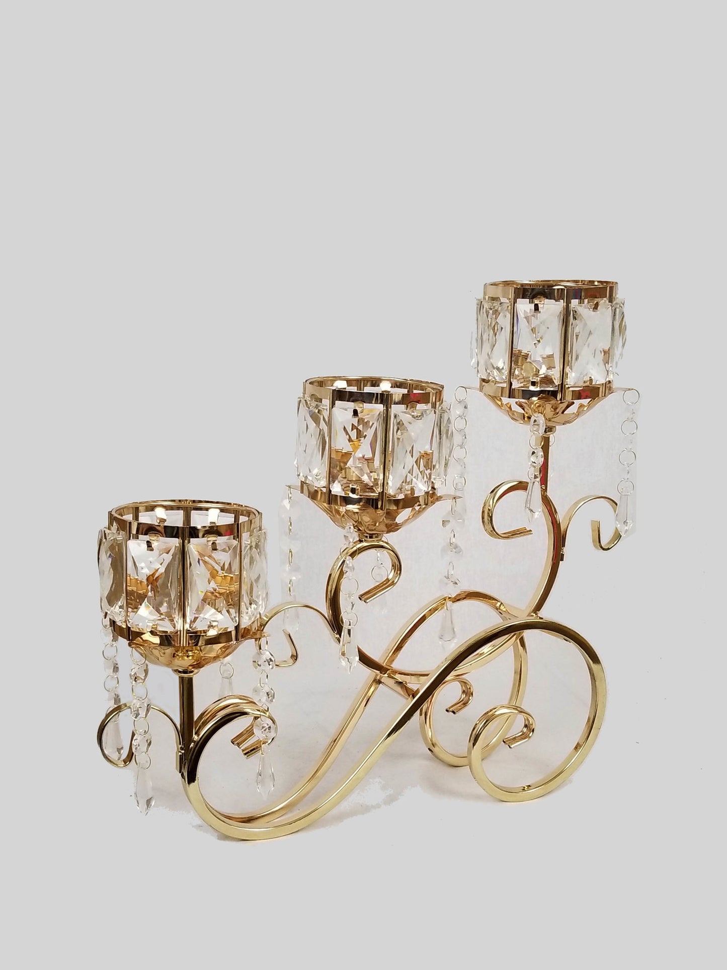 SH13666-3 - Gold 3 Arm Candle Holder with Crystal 13.5"