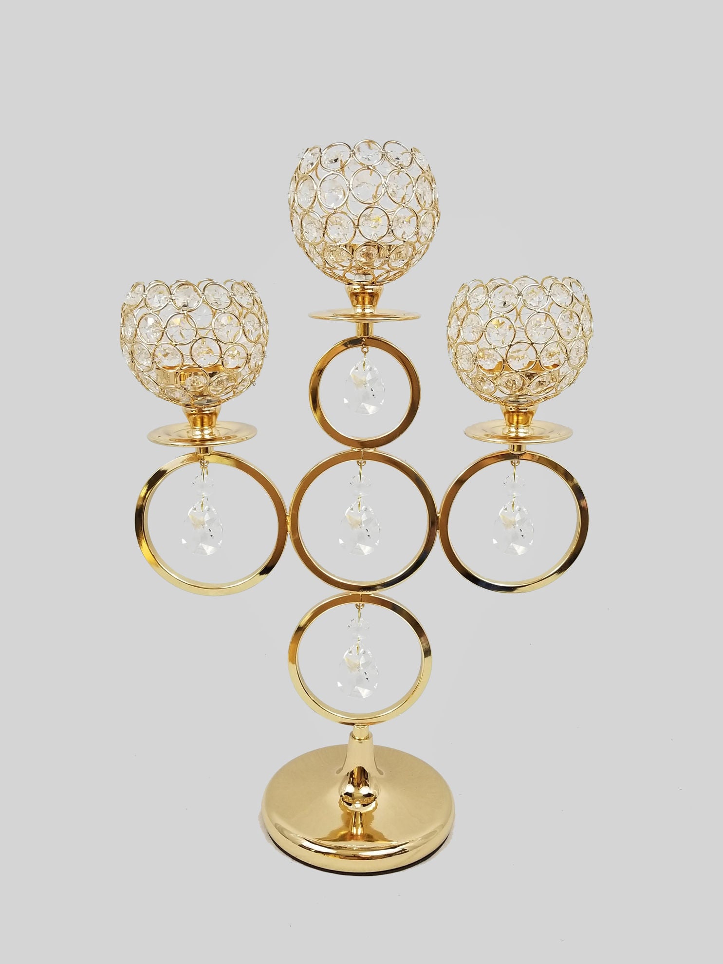 CCH0385 Gold - Gold 3 Arm Candle Holder with Crystal and Hoops Design 29"