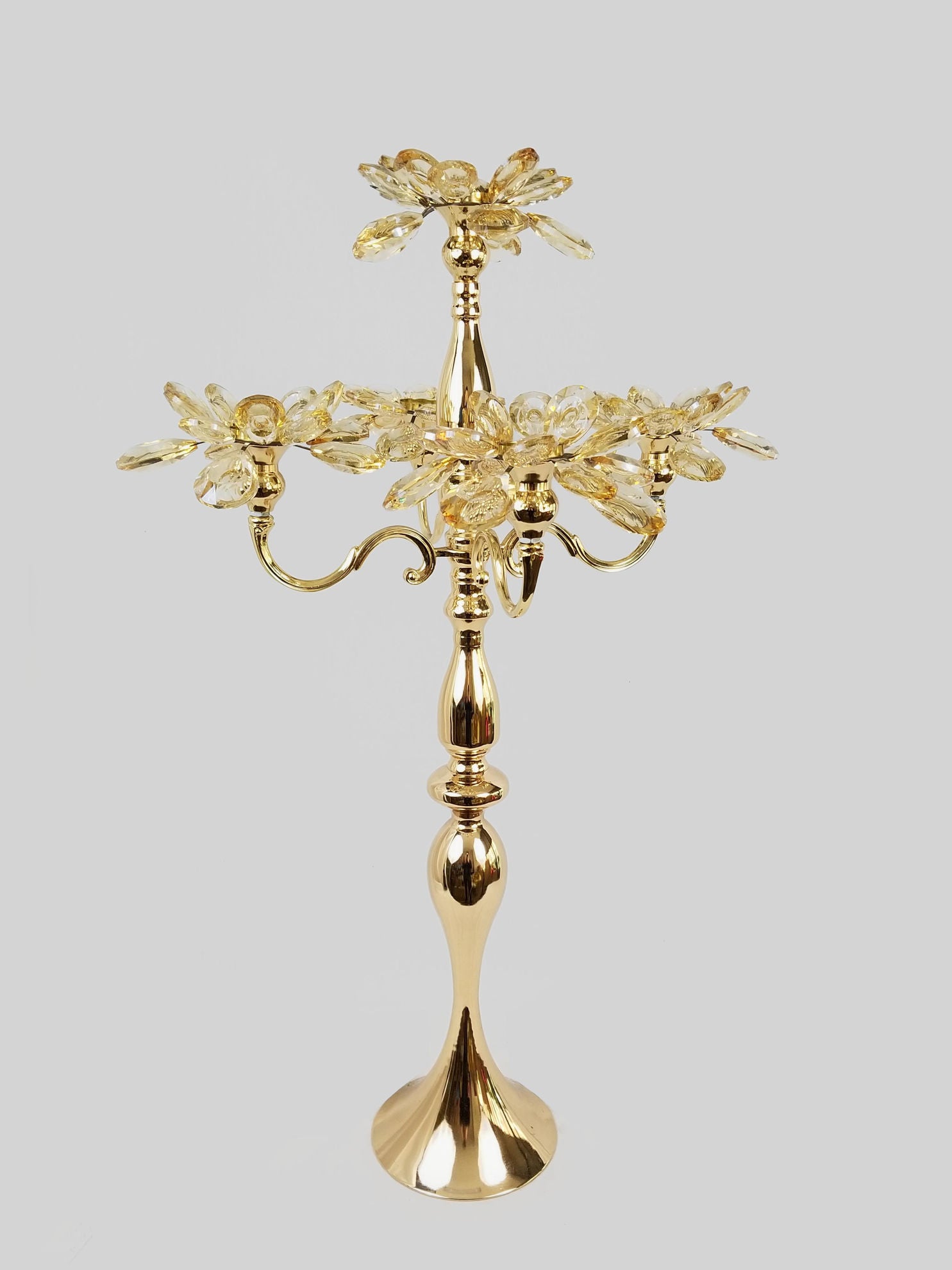 CH5454 Gold -  Tall 5 Arm Gold Crystal Flower Head Metal Candelabra Candle Holder