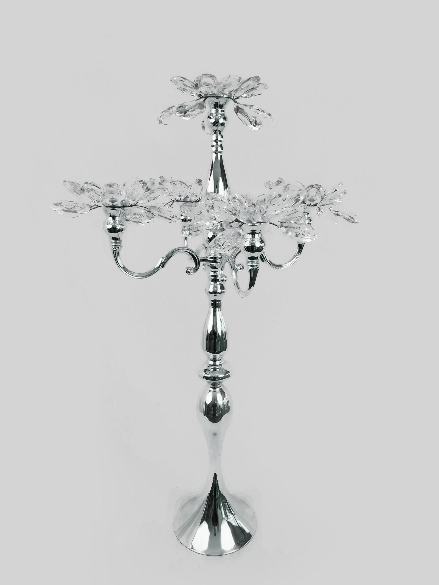 CH5455 Silver - Tall 5 Arm Gold Crystal Flower Head Metal Candelabra Candle Holder