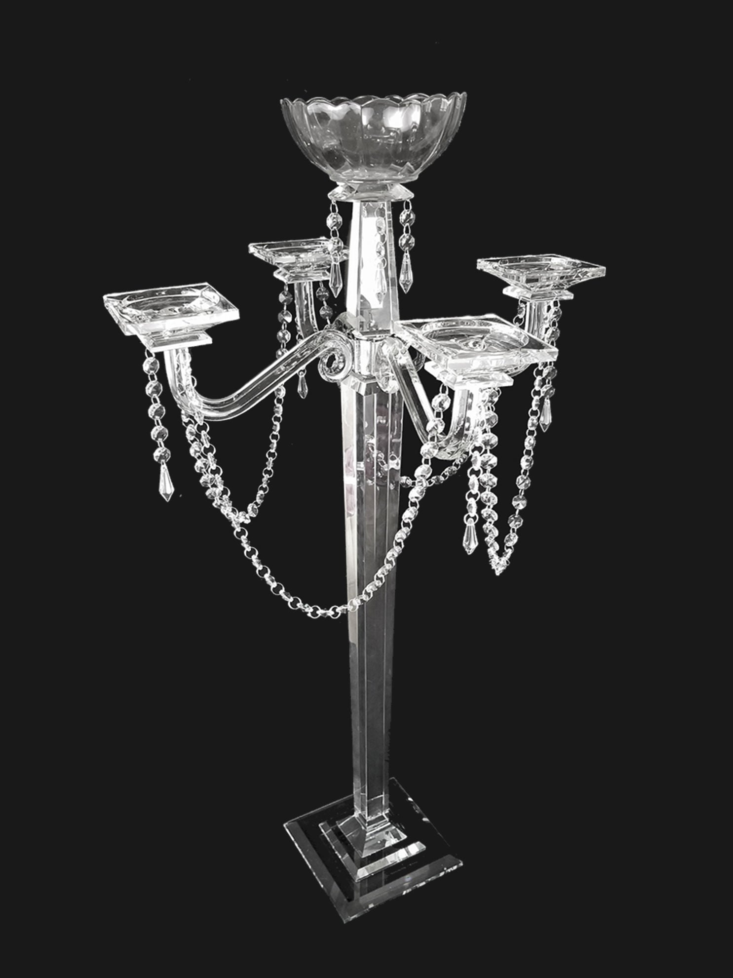 CHHY66-5 - Tall 4 Arm Premium Gem Cut Crystal Glass Candle Holder with Flower Holder