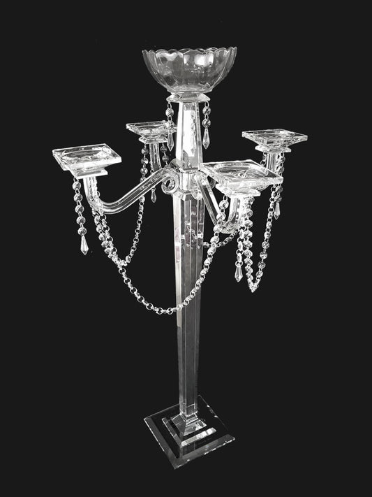 CHHY66-5 - Tall 4 Arm Premium Gem Cut Crystal Glass Candle Holder with Flower Holder