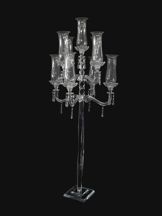 CH2149 - Tall 9 Arm Premium Gem Cut Crystal Glass Candle Holder with Flower Holder