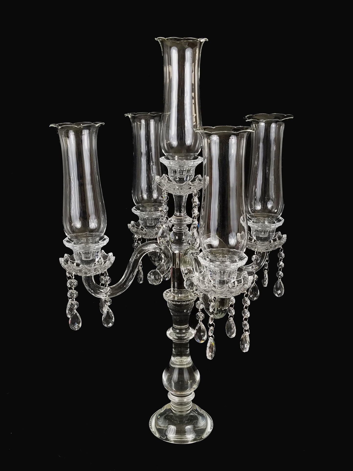 CCH1056 - Tall 5 Arm Premium Gem Cut with Hurricane Taper Crystal Glass Candle Holder 26"