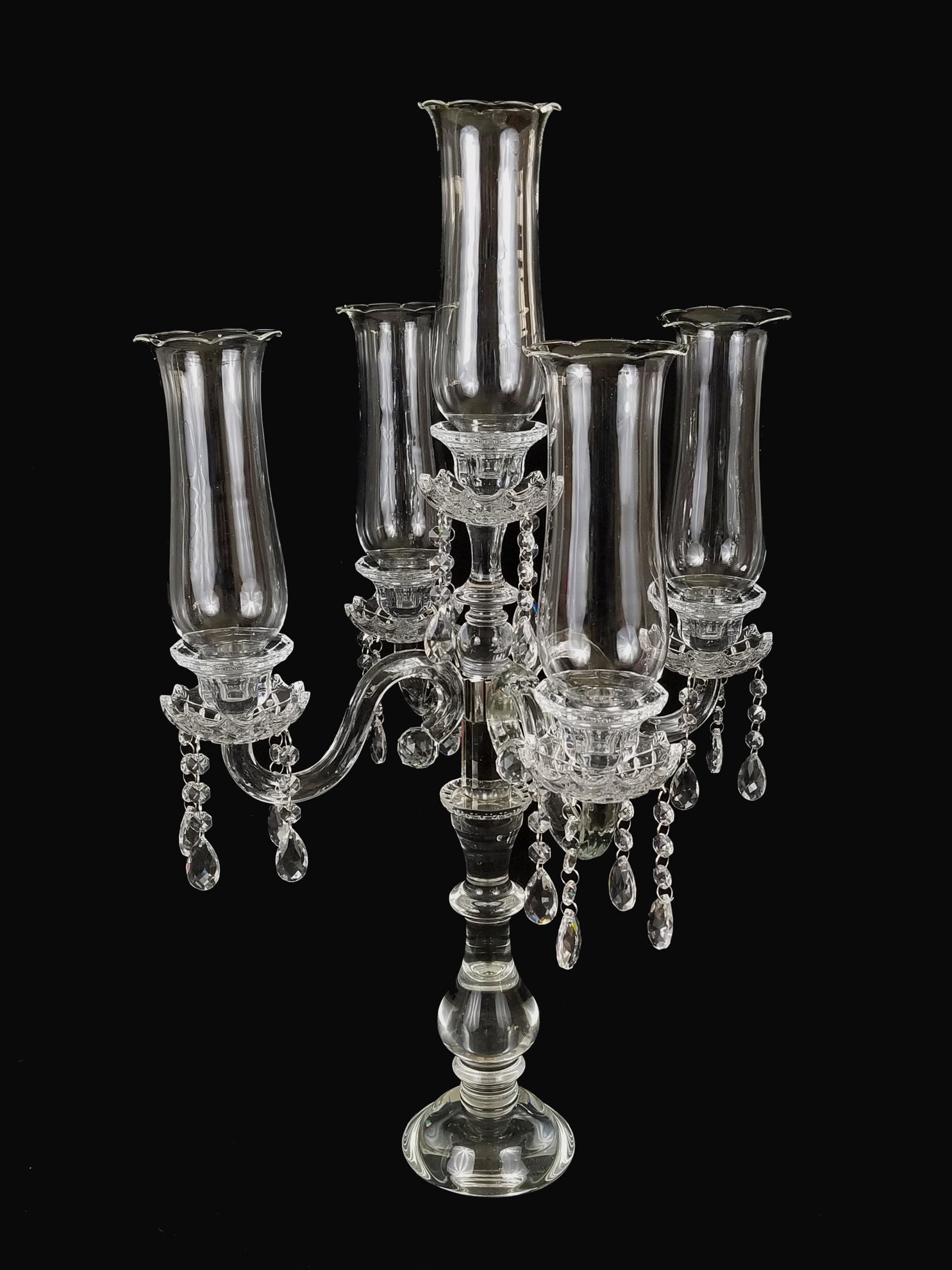 CCH1056 - Tall 5 Arm Premium Gem Cut with Hurricane Taper Crystal Glass Candle Holder 26"