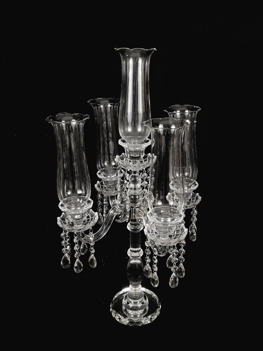 CCH0554 - Tall 5 Arm Premium Gem Cut with Hurricane Taper Crystal Glass Candle Holder 28"