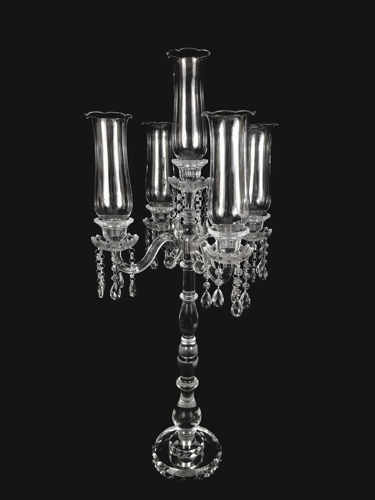CCH1315 - Tall 5 Arm Premium Gem Cut with Hurricane Taper Crystal Glass Candle Holder 40"