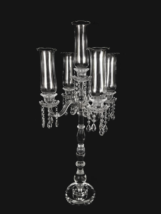 CCH1315 - Tall 5 Arm Premium Gem Cut with Hurricane Taper Crystal Glass Candle Holder 40"