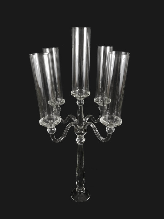 CCH8112 - Tall 5 Arm Premium Gem Cut with Hurricane Tube Crystal Glass Candle Holder 40"