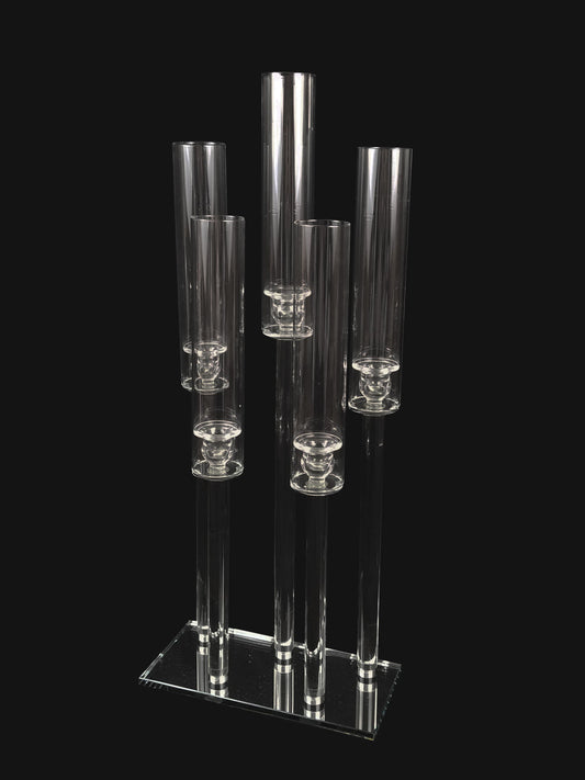 CCH6668 - 5 Head Candlestick Holders  with Hurricane Tubes Wedding Table Centerpiece 38"