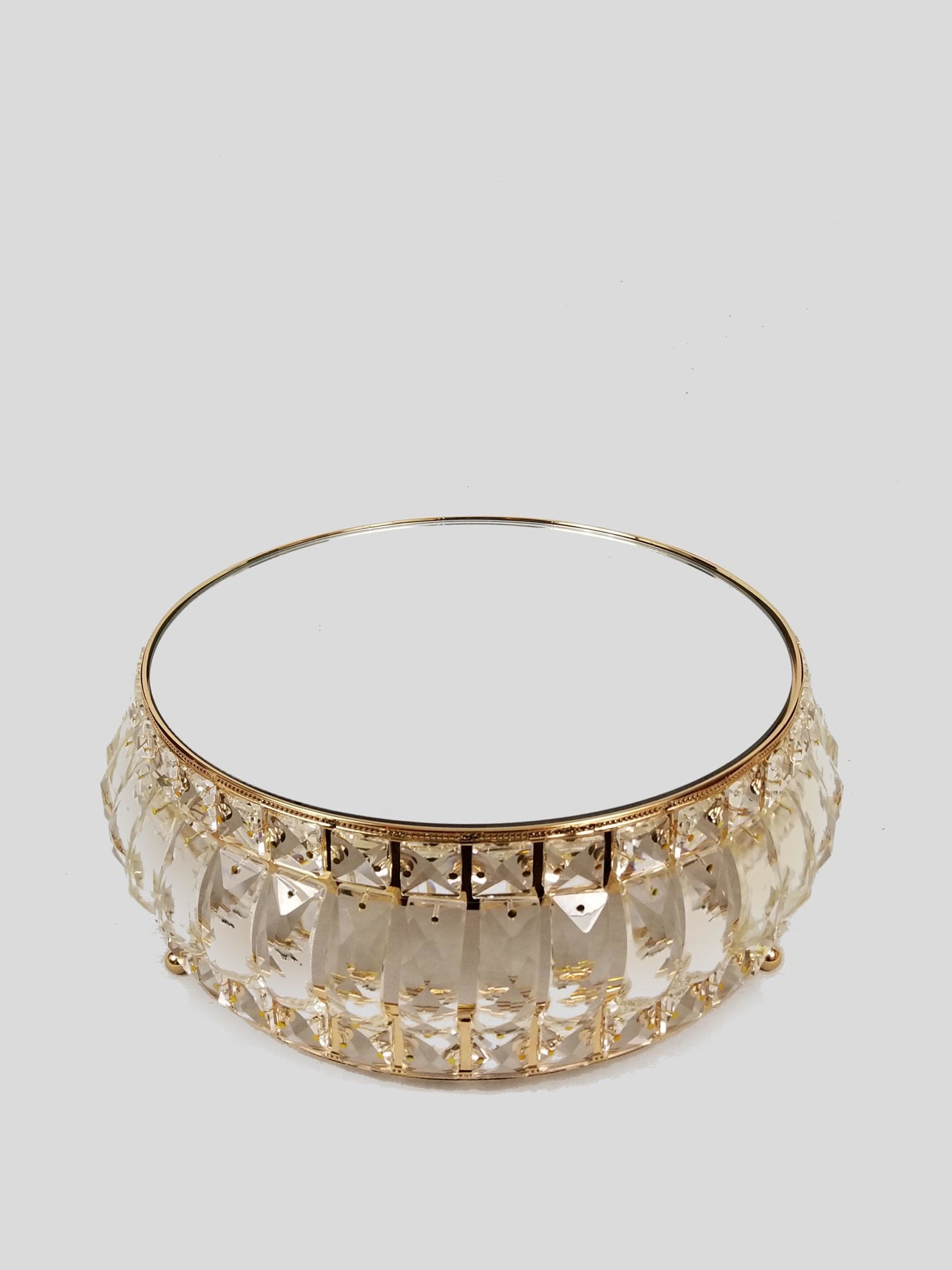 18PF0606-M -  12" Round Gold Cake Stand Crystal Beaded with Mirror Topped