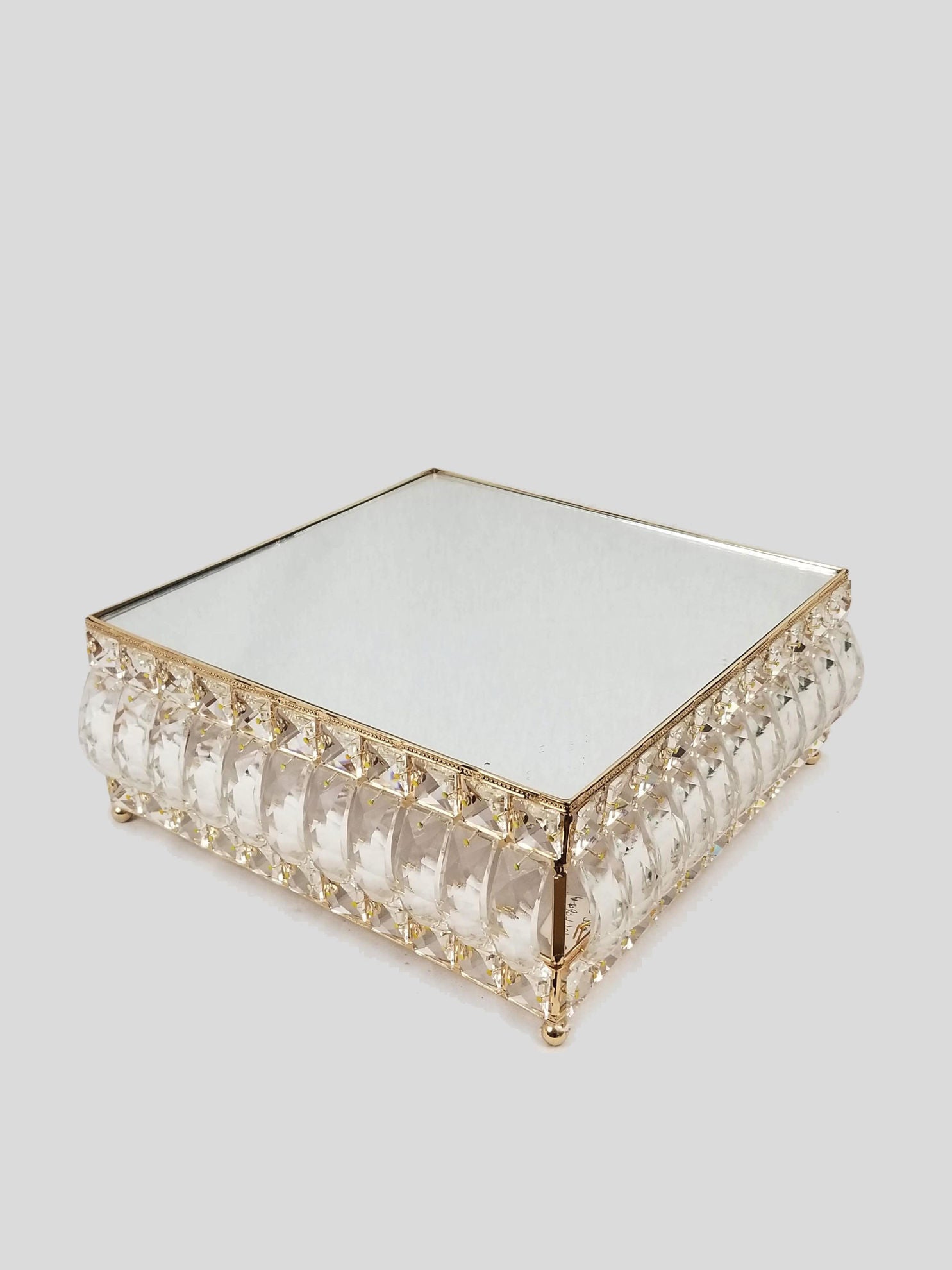 18PF0605-M - 12" Square Gold Cake Stand Crystal Beaded with Mirror Topped