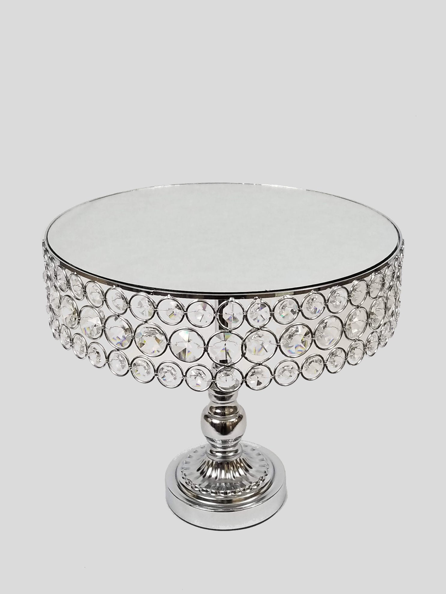 CS-3027-SN - 12" Silver Sparkling Crystal Beaded Cake Stand with Mirrored Top