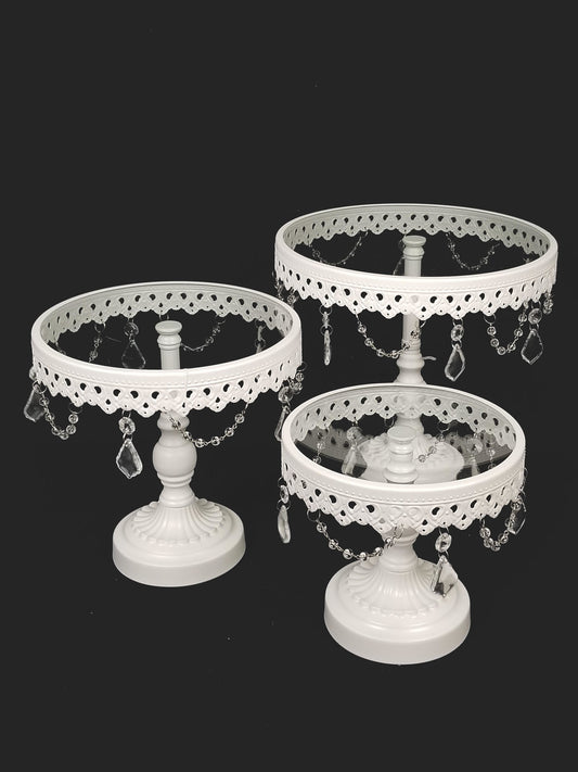 KK3 WT - White Set of 3 Round Metal Cake Stand With Glass Top