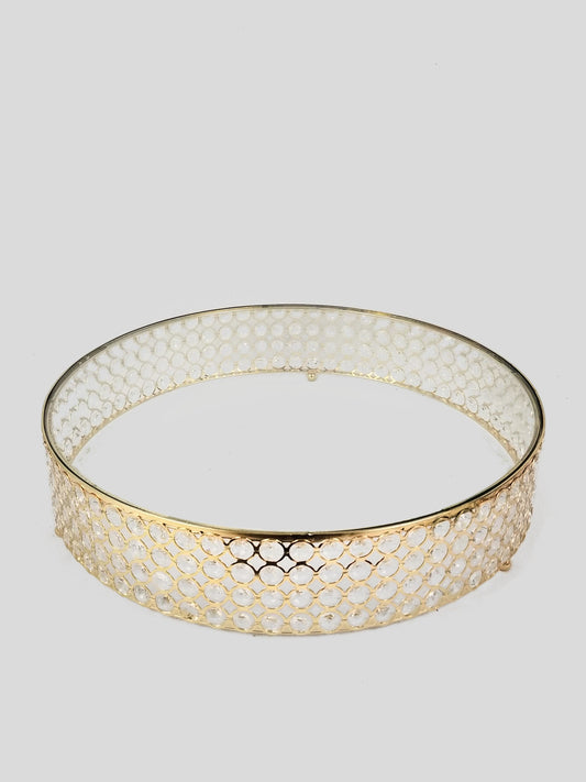 18PF0705 XL - 21.5" Gold Crystal Beaded Metal Riser Cake Stand with Clear Glass Top