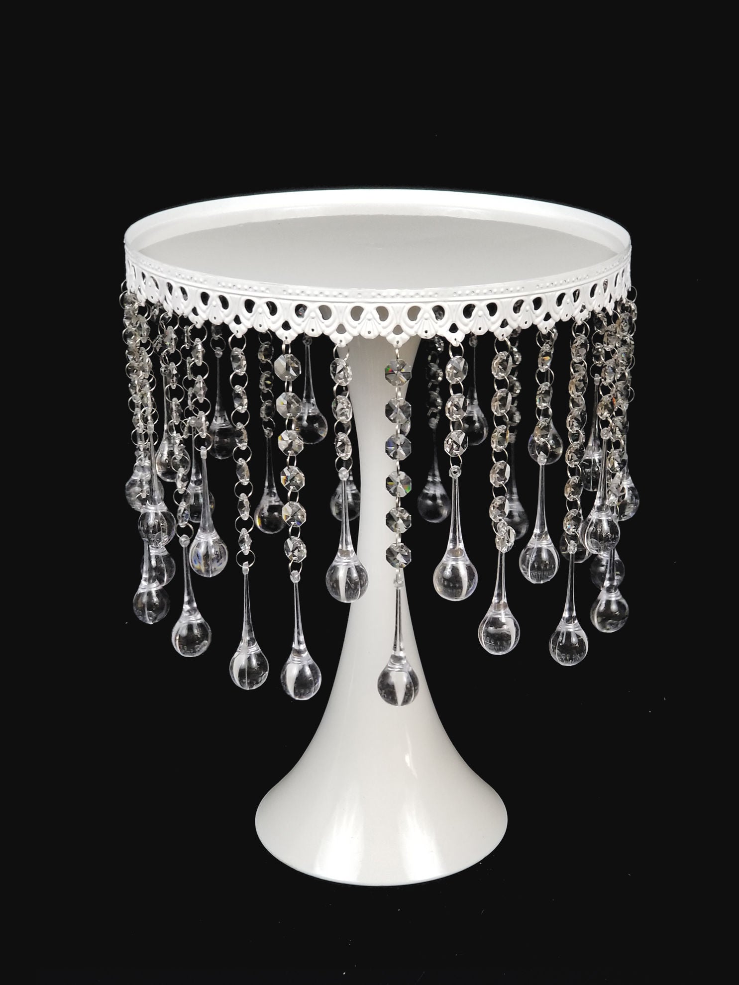 CH015 WT - 12" Tall White Metallic Trumpet Cake Riser Stand With Acrylic Crystal Chains