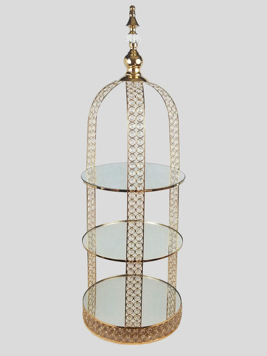 CCH0465 GD - Gold 3 Tier Metal Bird Cage  Cupcake Stands With Embedded Crystal
