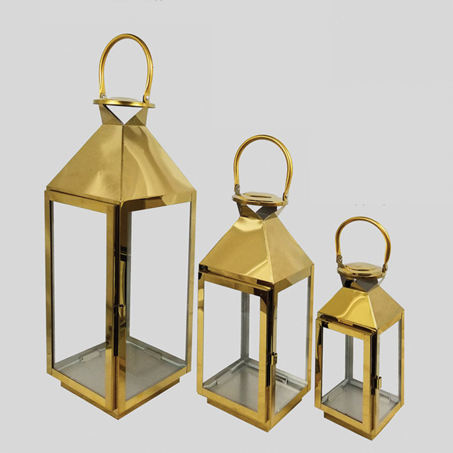 L423 Gold - Set of 3 Crown Top Stainless Steel Metal Lantern Centerpieces, Outdoor Candle Lanterns
