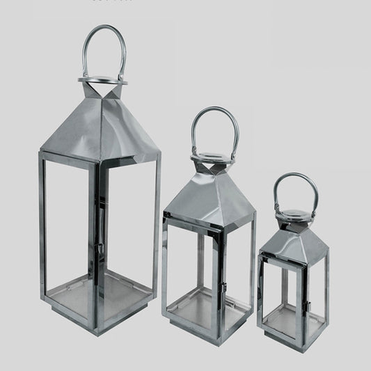 L423 Silver - Set of 3 Crown Top Stainless Steel Metal Lantern Centerpieces, Outdoor Candle Lanterns