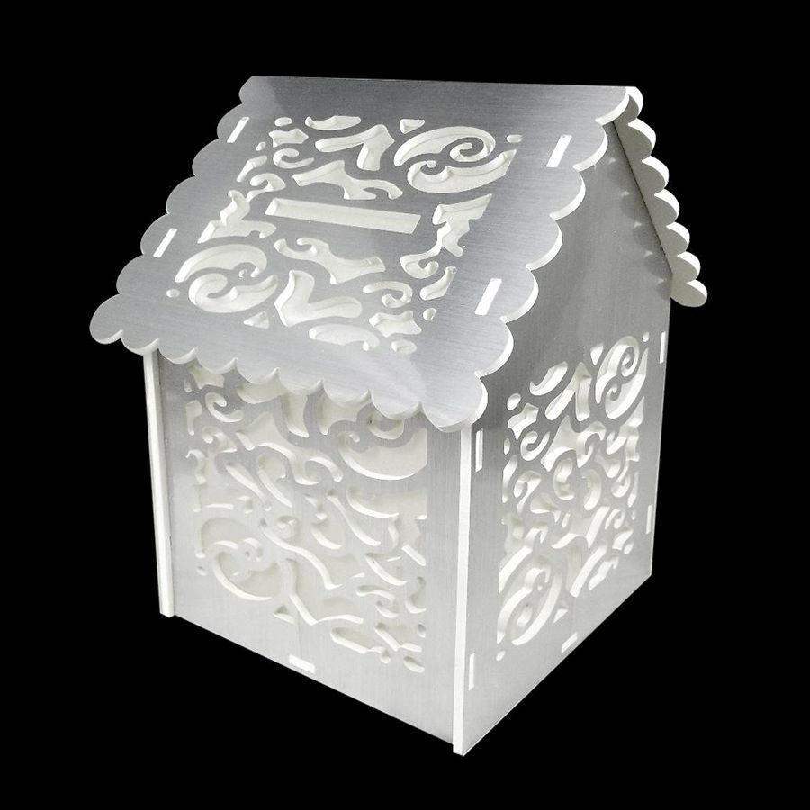 WM-HBX01 SL -  Silver House Shaped Money Box with Laser Cut Swirls