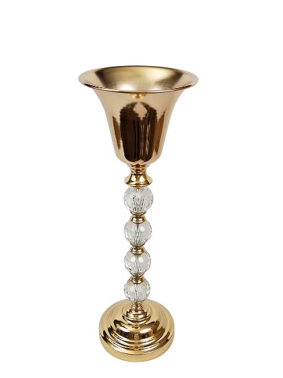 Picture of F509 GD - Gold Metallic Pillar Flower Stand and Goblet With Clear Crystal Balls 24"