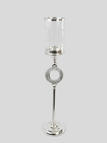 Picture of CH5466 Silver - Candle Holder With Circle Crystal Design and Hurricane Glass Tube