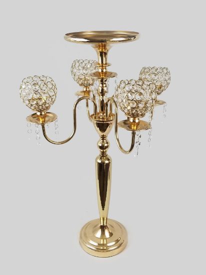 Picture of HX572 -  Gold Metal Candelabra with 4 Goblet Crystal Votive Arms and 1 Flower Riser  29"