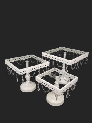 Picture of KK8 WT - White Set of 3 Square Metal Cake Stand With Glass Top