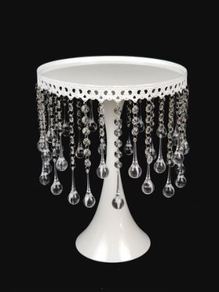 Picture of CH015 WT - 12" Tall White Metallic Trumpet Cake Riser Stand With Acrylic Crystal Chains