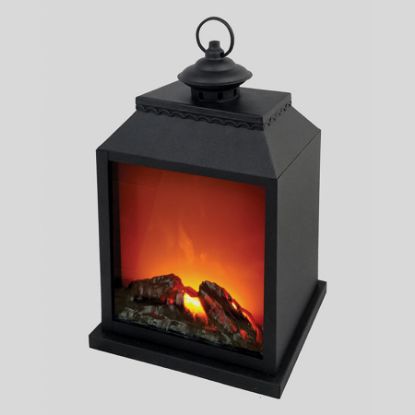 Picture of 2642 - 16" Tall Black Vintage-Style Fireplace Lantern and flame-less LED Panel