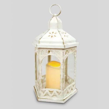 Picture of 2637 - 12.5" Tall White Plastic Lantern and Rustic Hexagon Design With LED Candle